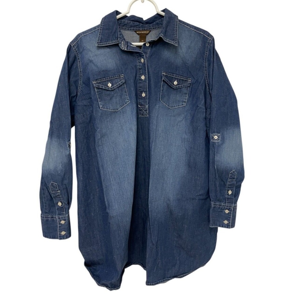 Bit Bridle Jean‎ Shirt Blue Denim Womens Large Cotton Western Country Farmcore